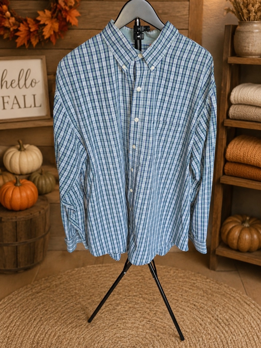 Izod Green and Blue Plaid Button-Down Shirt
